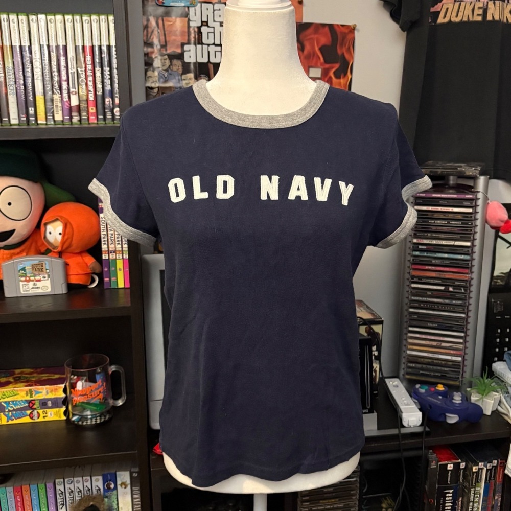 Vtg 00s/Y2K Old Navy Ringer Tee Navy Blue Grey Trim Graphic T-Shirt Sz L